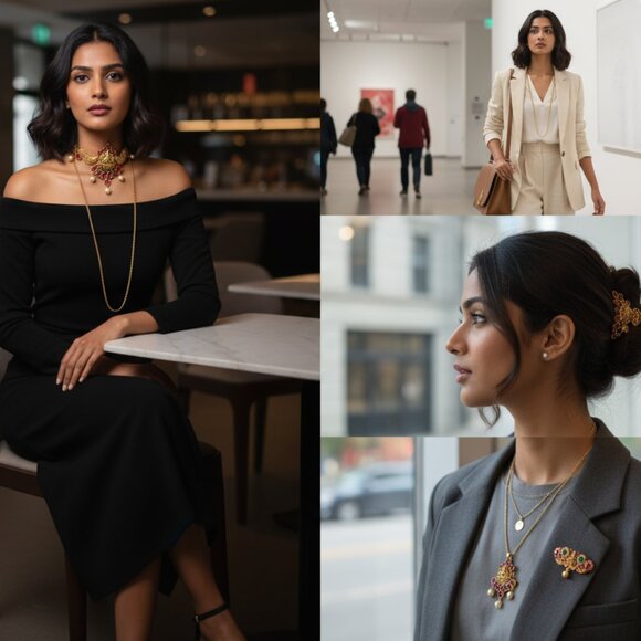 Stunning Indian Temple Jewelry Set 24k Goldplated, Kemp Stones - Set of 4 Lot! - Picture 1 of 9